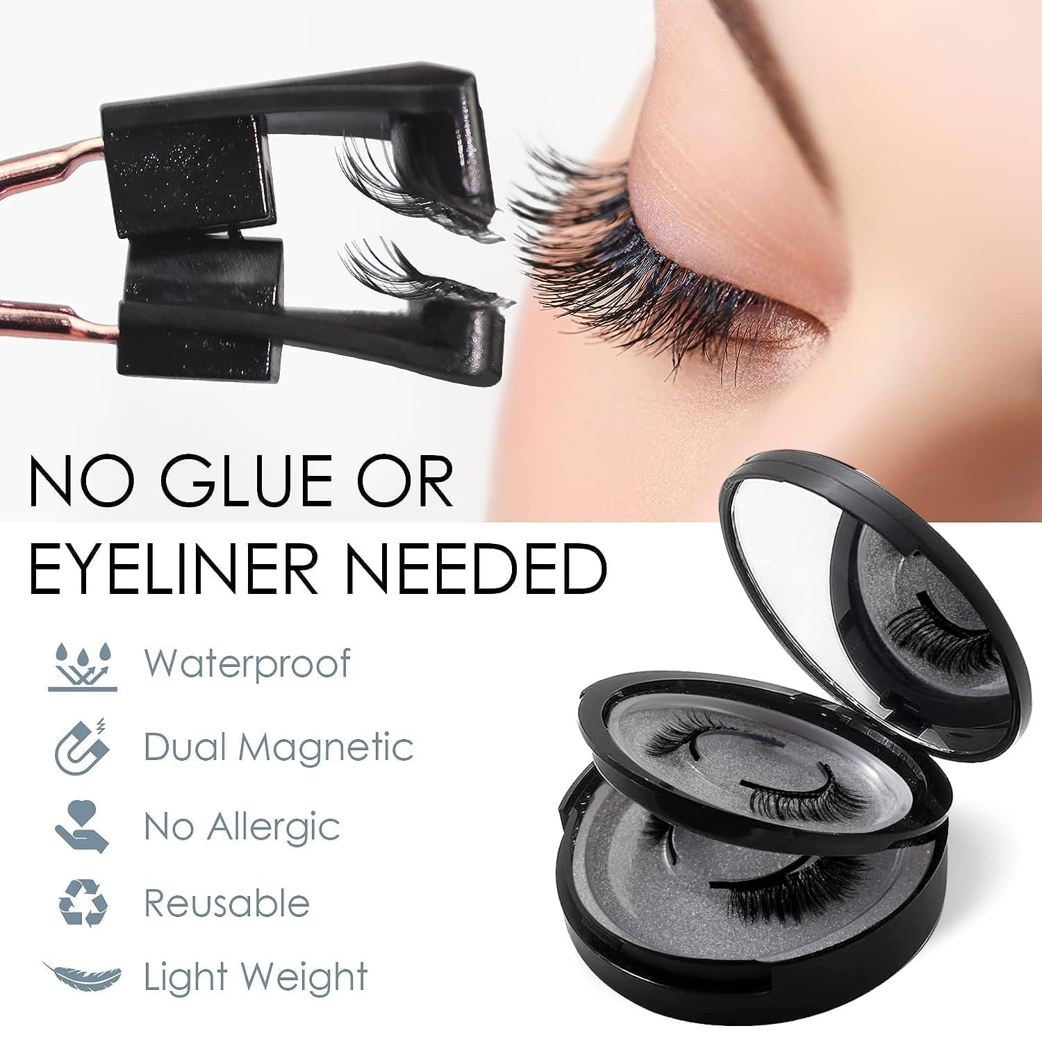 Magnetic Eyelashes with Applicator, Natural Look False Lashes without Eyeliner, Light Weight and Waterproof Magnetic Eyelashes No Glue