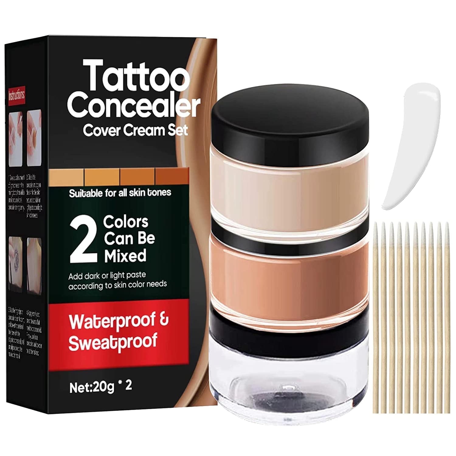 Tattoo Cover Up, Tattoo Concealer Makeup, 2 Colors waterproof concealer, Professional Waterproof Skin Concealer Set to Cover Tattoo/Scar/Acne/Birthmarks for Men and Women (2x20g)
