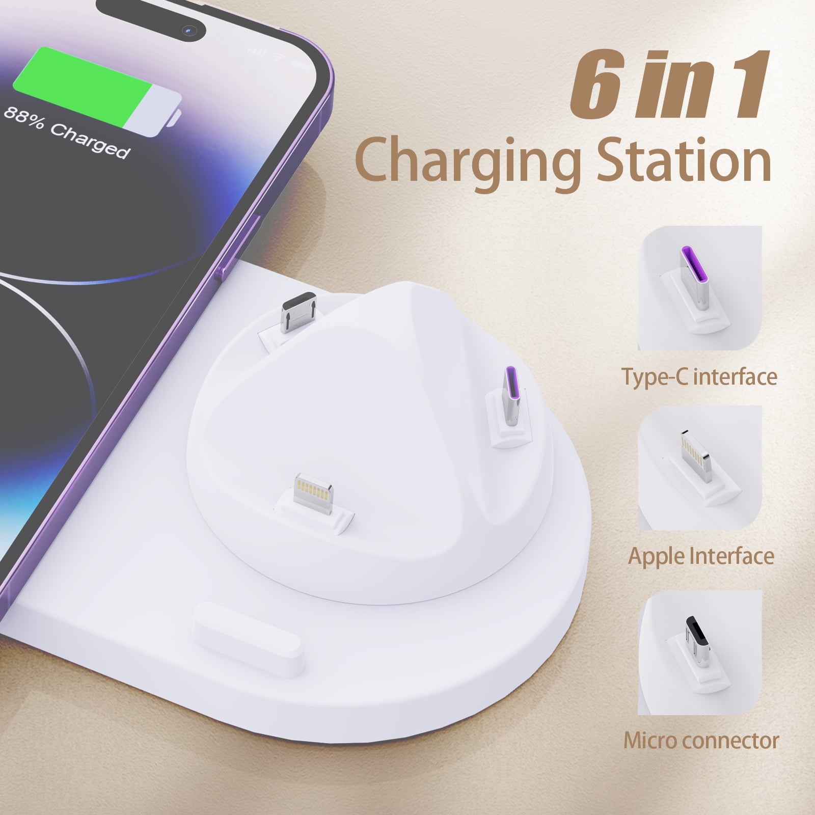 6 in 1 Charging Station, Wireless Charger,Compatible for iPhone, Apple Watch, AirPods & Android Devices,15W Fast Charging,White