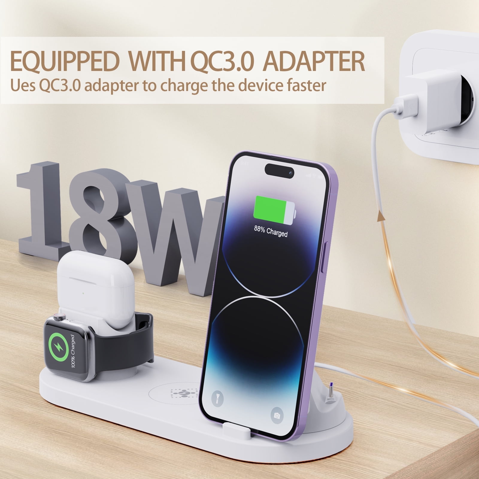 6 in 1 Charging Station, Wireless Charger,Compatible for iPhone, Apple Watch, AirPods & Android Devices,15W Fast Charging,White