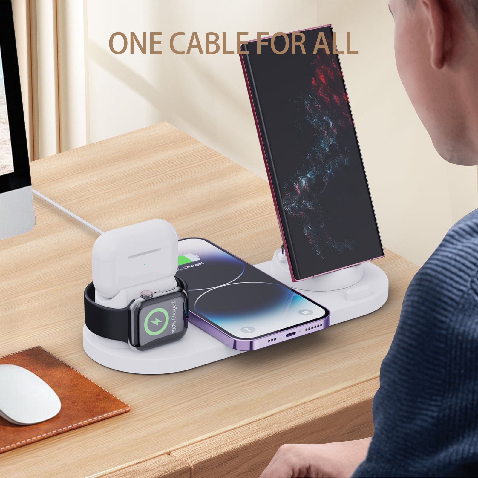 6 in 1 Charging Station, Wireless Charger,Compatible for iPhone, Apple Watch, AirPods & Android Devices,15W Fast Charging,White
