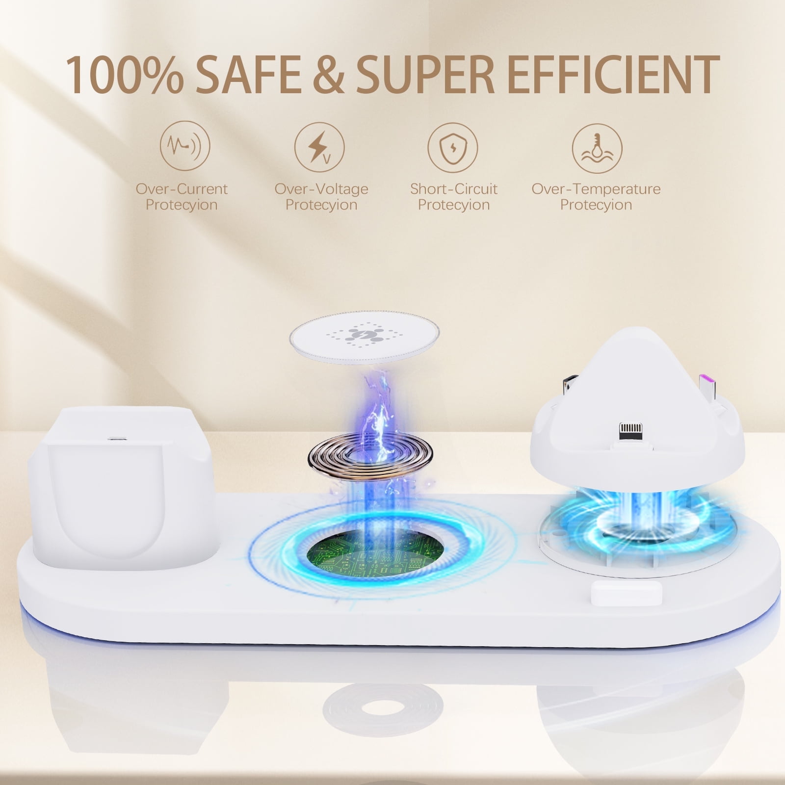 6 in 1 Charging Station, Wireless Charger,Compatible for iPhone, Apple Watch, AirPods & Android Devices,15W Fast Charging,White