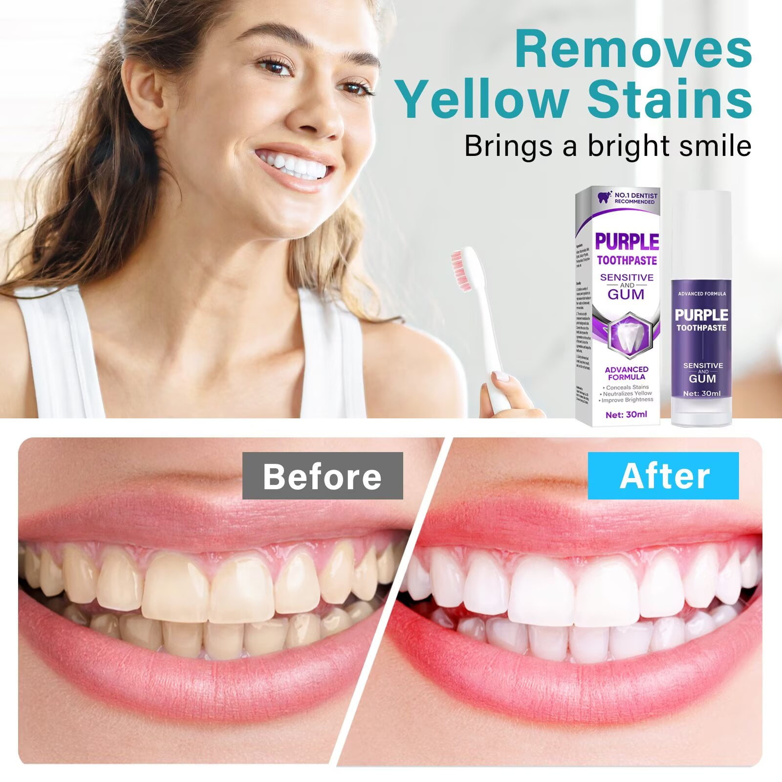Purple Toothpaste for Teeth Whitening, Whitening Toothpaste, 30ML