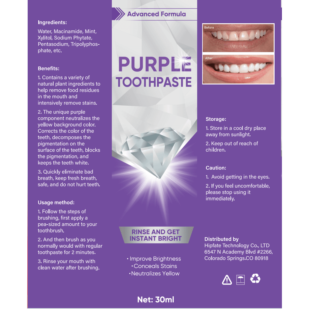 Purple Toothpaste for Teeth Whitening, Whitening Toothpaste, 30ML