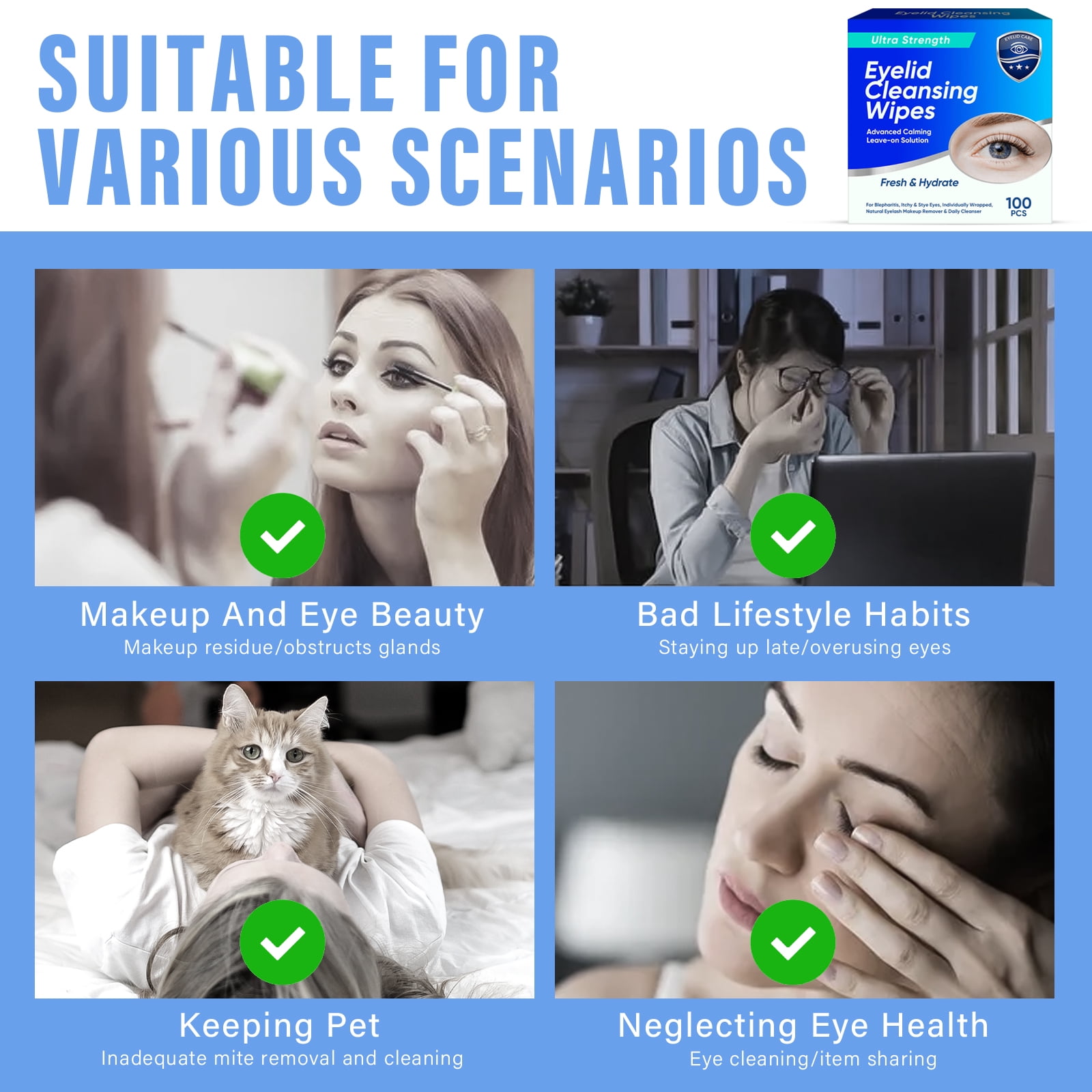 Eyelid Wipes, Eyelid Cleansing Wipes for Dry Eyes, Individually Wrapped Travel Eye Wipes, Daily Gentle Eye Care for Sensitive Skin, 100 Pcs