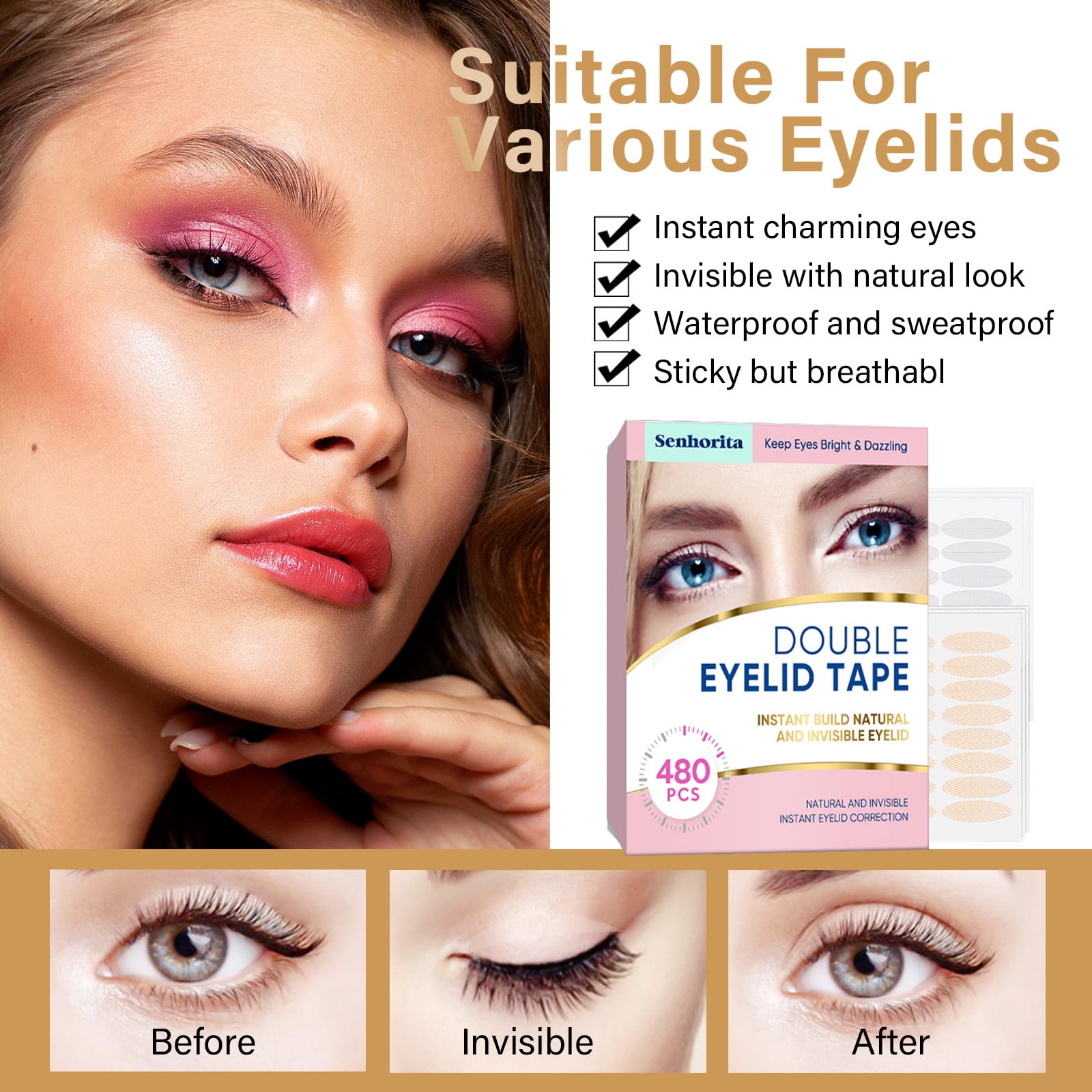 Invisible Double Eyelid Tape, Waterproof Long-lasting Eyelid Tape, 3 Custom Shapes (Olive, Slim, Wide) Eyelid Lift Strips, 480 Pcs