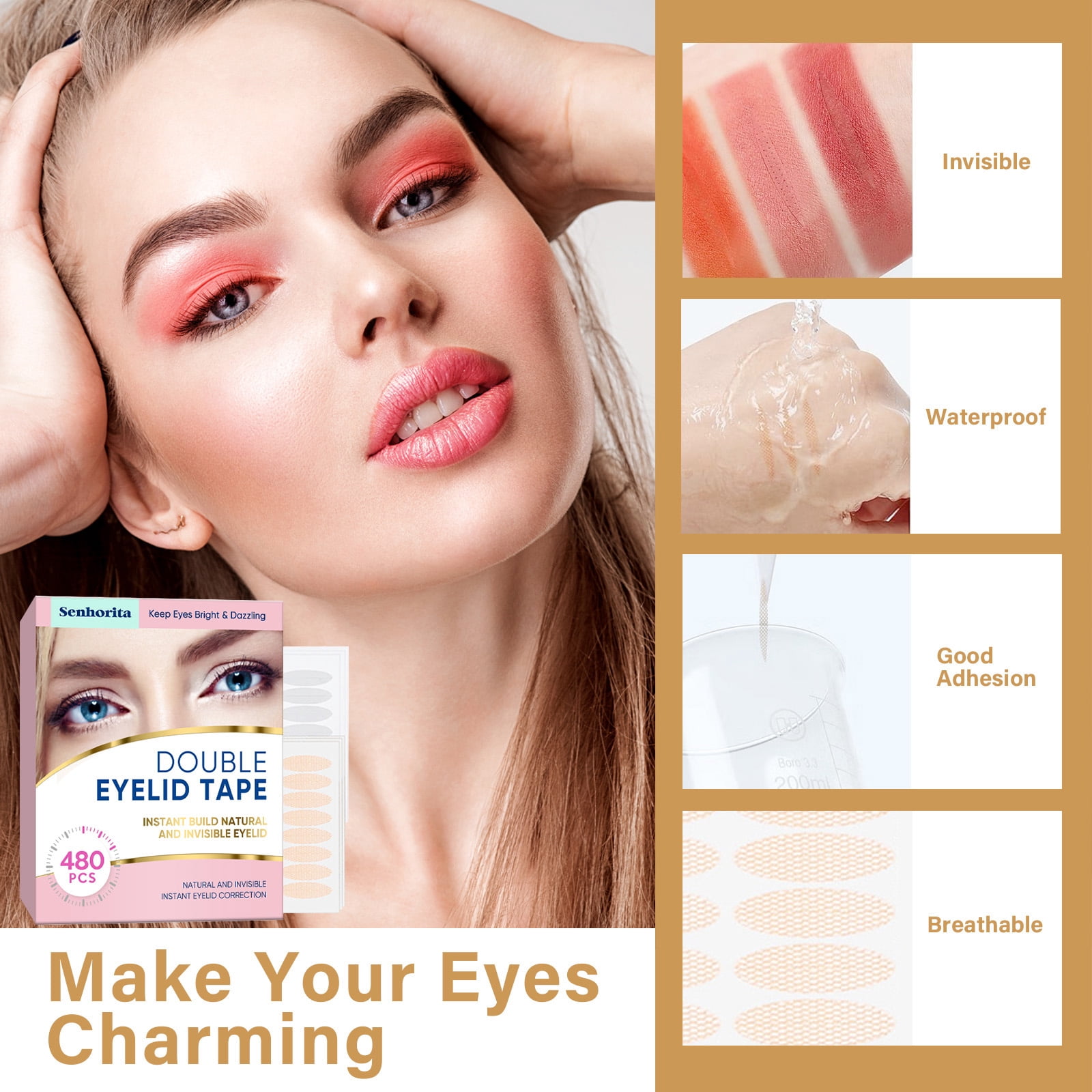 Invisible Double Eyelid Tape, Waterproof Long-lasting Eyelid Tape, 3 Custom Shapes (Olive, Slim, Wide) Eyelid Lift Strips, 480 Pcs